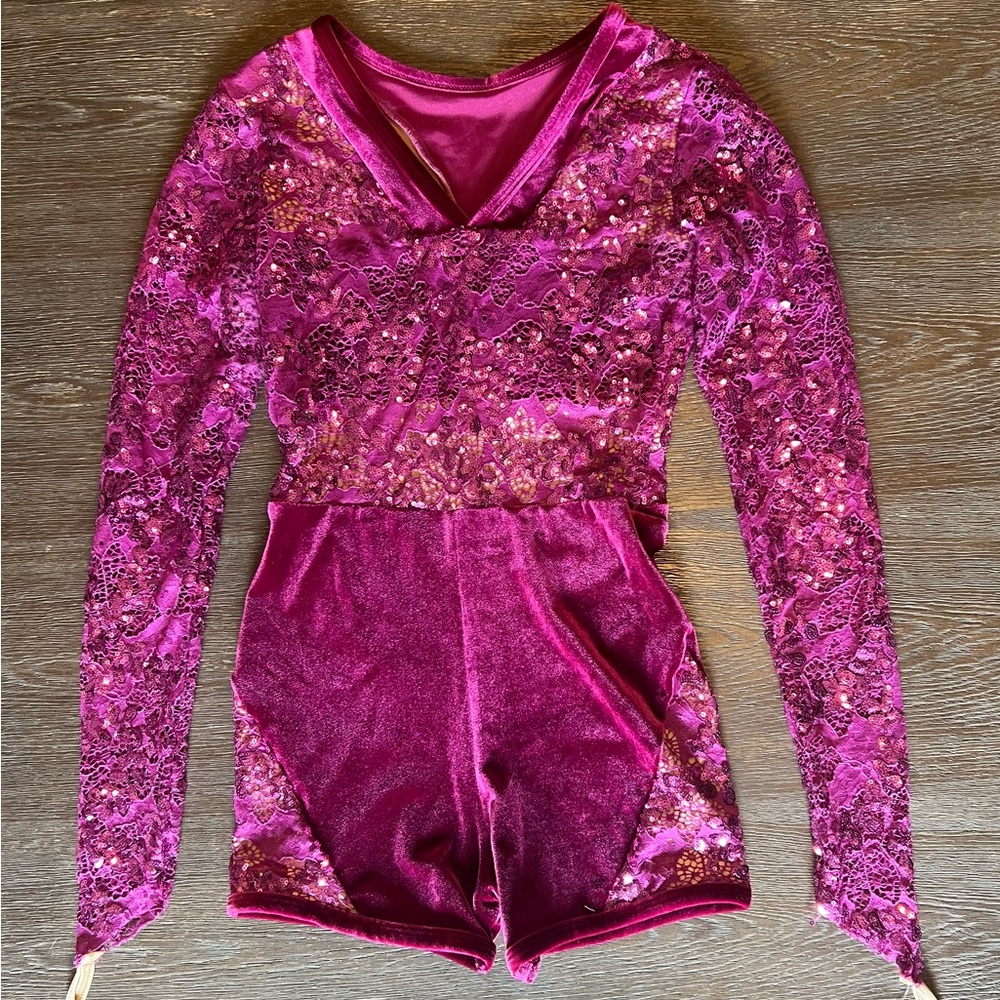 Dance/ Solo costume Pink Lace and Velvet Long Sleeve Romper